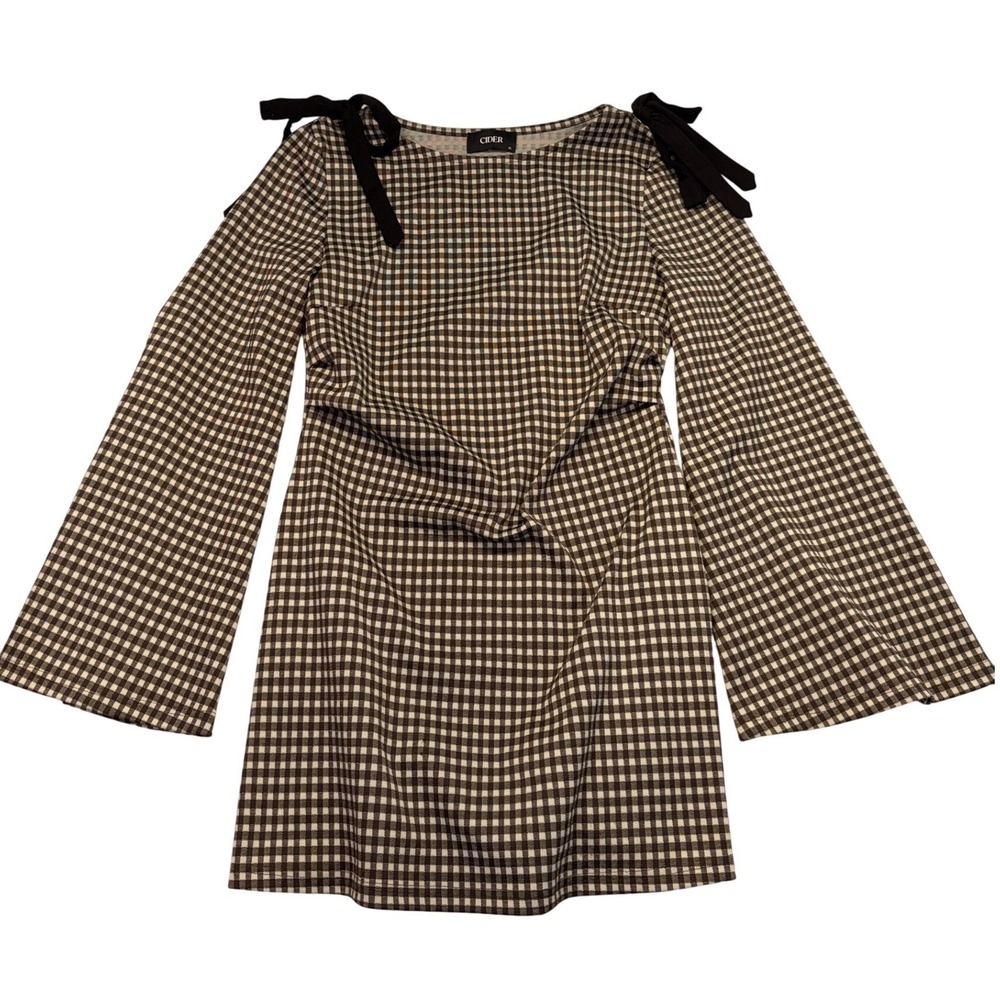 Cider Coffee Gingham Bell Sleeve Mini Dress XL Brown Check Shoulder Tie Retro